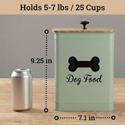 Metal Dog Food Container 5-7lb, 25 Cup w/ Airtight Bamboo Lid, Metal Handle - color: Sage Green: Bone