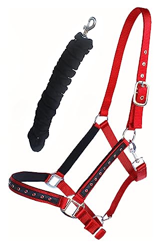 Pro Rider Nylon Horse Halter Hardware Padded Lead Rope Tack Red Rodeo Bling 606162RD