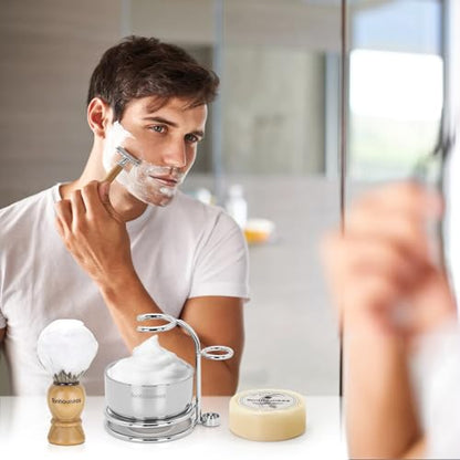 5 In 1 Manual Shaving Kit For Men Includes Badger Hair Shaving Brushes Set, Double Edge Safety Razor, Stainless Steel Shaving Bowl&Stand and Goat Milk Shaving Soap - color: Wood Handle