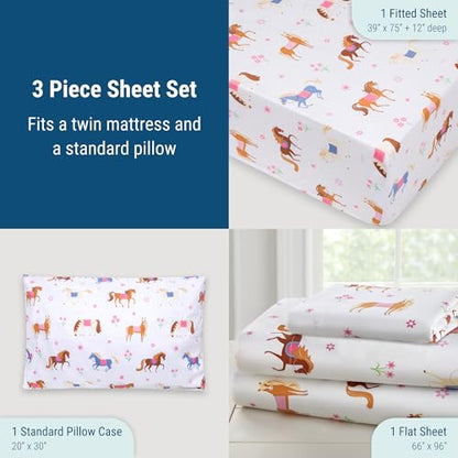 Wildkin Twin Sheet Set – Soft Microfiber, Fitted & Top Sheet, Pillowcase - Horses - color: Horses