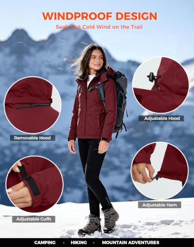 wantdo Women's Waterproof Ski Jacket Warm Fleece Lined Snow Winter Coat | 10000mm Waterproof Snowboard Jacket for Skiing, Hiking, Commute, Removable Hood, 6 Pocket, Windproof Warm -10°F to 50°F - color: Red, size: Medium