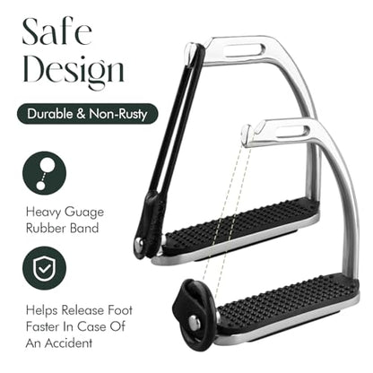 Safety Horse Riding Stirrups 1 Pair, Silver Polish Stainless Steel Stirrups with Treads, Equestrian Safety Stirrups for Adult - size: 4-3/4 inch