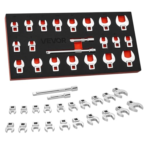 VEVOR Crowfoot Wrench Set, 3/8" Drive, 22-Piece Metric and SAE Size Crows Foot Wrenches, CR-MO Alloy Steel, with Storage Tray, Dual Size Markings on Tools and Tray, for Auto Maintenance or Repairs - size: 3/8" 22 PCS