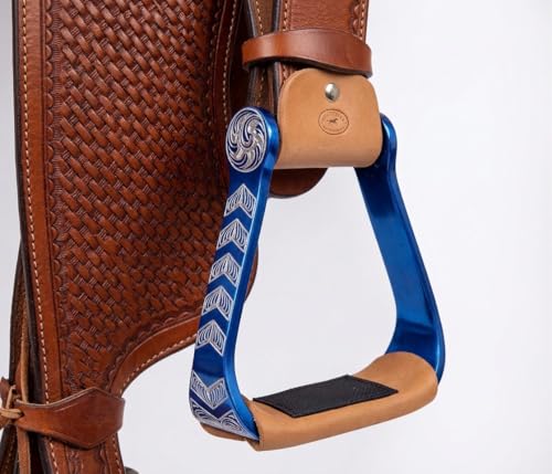 Horse Western 5" Wide Barrel Racer Engraved Aluminum Show Stirrups 51244 - color: Blue