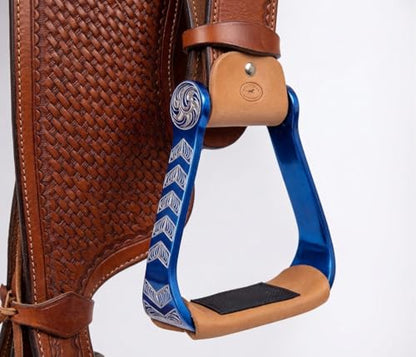Horse Western 5" Wide Barrel Racer Engraved Aluminum Show Stirrups 51244 - color: Blue
