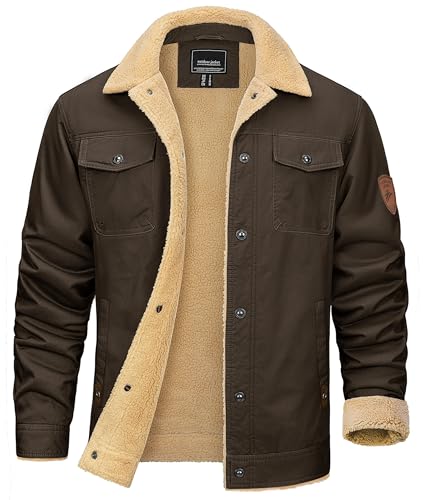 KEFITEVD Men's Winter Fleece Jacket Sherpa Lined Warm Cargo Trucker Coat - color: Coffee, size: Small