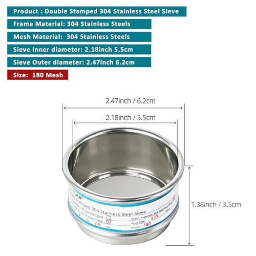 Full 304 Stainless Steel Mesh Sieve Screen, LVDALAB 180 Mesh (0.09mm) Aperture, 2.4inch(6CM) Dia Standard Sample Analysis Test Sieves Sifters Strainer for Industrial Laboratory Homes - size: 180 Mesh(0.09mm)/Ф2.4in(6CM)
