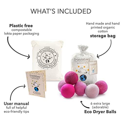 Friendsheep Wool Dryer Balls, Organic Reusable Fabric Softener Alternative for Laundry, Handmade, Fair Trade, Hypoallergenic, Eco-Friendly, Plastic-Free (6 Pack XL - Pink Valentine) | Reusable fabric softener alternative Organic wool, handmade, fair trade