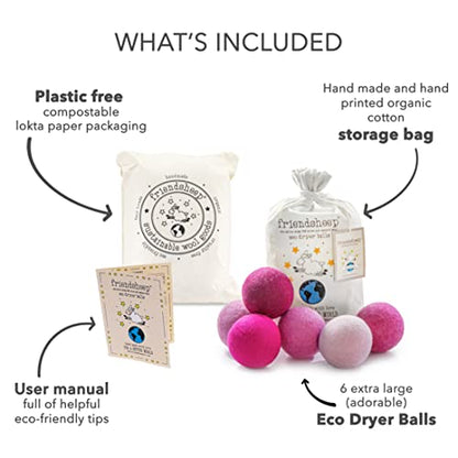 Friendsheep Wool Dryer Balls, Organic Reusable Fabric Softener Alternative for Laundry, Handmade, Fair Trade, Hypoallergenic, Eco-Friendly, Plastic-Free (6 Pack XL - Pink Valentine) | Reusable fabric softener alternative Organic wool, handmade, fair trade