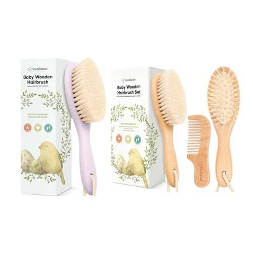 Keababies Baby Hair Brush and Baby Hair Brush and Comb Set - Wooden Brush with Soft Goat Bristles, Soft for Newborn's Head and Craddle Cap Softener