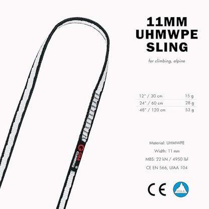GM CLIMBING 11mm UHMWPE Sling Runner 22kN CE UIAA Certified - color: Black, size: 24" | 1 Pack