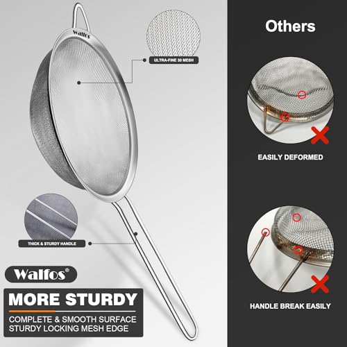 Walfos Fine Mesh Strainers Set, Premium Stainless Steel Colanders and Sifters, with Reinforced Frame Sturdy Handle, Perfect for Sift, Strain, Drain Rinse Vegetables, Pastas Tea - 3 Sizes - style: 3pcs (2.7", 4.6", 7.8") Strainers
