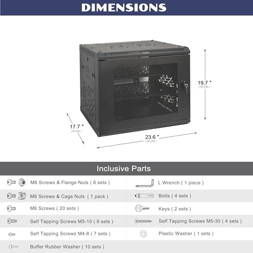 9U Wall Mount Server Cabinet with A Lockable Front Vented Door, Cooling Fans, Removable Side Panels - 45cm Depth, 19" Network Rack Including 2 PCS Full-Size Rack Shelves for IT Equipment - size: 9U/450mm Depth