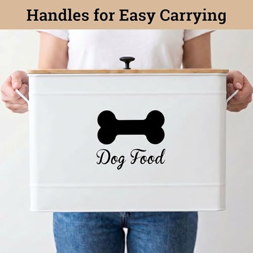 Metal Dog Food Container 15-20 lbs w/ Airtight Bamboo Lid, 70 Cup Capacity - color: White