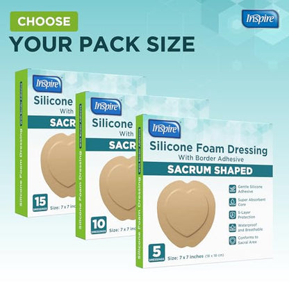 Inspire Sacral Silicone Foam Dressing Large Waterproof Bandages for Wounds, Burns & Bed Sores Safe for Sensitive Skin, Adhesive Pad Sacrum Dressings for Post-Surgery Wound Care (7 x 7 in) (10 Pack) - size: 10 Pack
