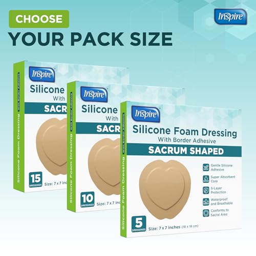 Inspire Sacral Silicone Foam Dressing Large Waterproof Bandages for Wounds, Burns & Bed Sores Safe for Sensitive Skin, Adhesive Pad Sacrum Dressings for Post-Surgery Wound Care (7 x 7 in) (5 Pack) - size: 5 Pack