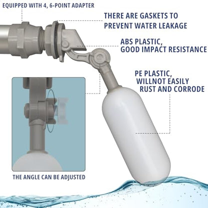 MAKERELE 2-Pack 1/2 Inch Mini Float Ball Valve, ABS | Automatic water level control for tanks, pools, troughs. No electricity. ABS body, PE float, 0-70°C. Includes GHT adapter.