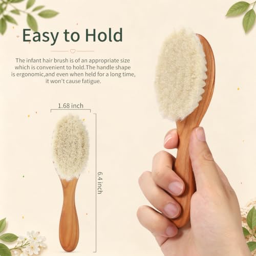 Wooden Baby Hair Brush, No Chemical Painting Infant Hair Brush | All Natural & Safe, Cherry Wood, Soft Goat Bristles, Wood Wax Oil, Prevent Cradle Cap, Exquisite Gift for New Parents