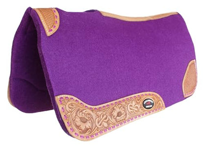 30"x 30" Horse SADDLE PAD Western Contoured Wool Felt Moisture Wicking 39RT - color: Purple/Tan Leather, size: 30" Spine x 15" Drop, 3/4" Thick