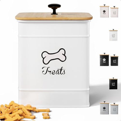 Dog Treat Container with Airtight Bamboo Lid, 5"W x 7"H, 7 Cup Capacity | Fits Most Popular Treats, 7 Cups Capacity, Airtight Bamboo Lid, Easy Open Metal Lid Handle, Dent-Resistant Durable Metal - color: White - Small