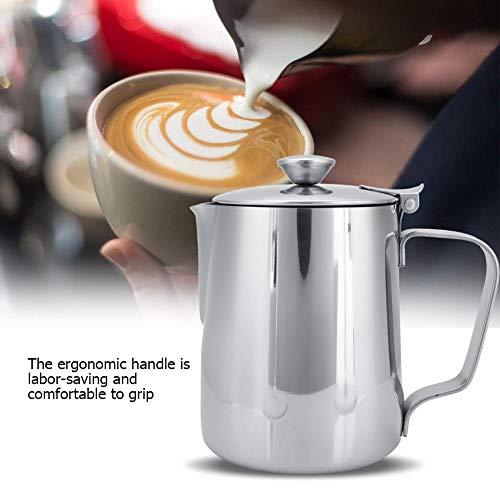 Stainless Steel Coffee Cup Mug Milk Frothing Pitcher Jug with Lid for Latte Coffee Art for Office Kitchen with handle(350mL)