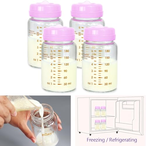Matyz 4-Pack Breast Milk Collection Bottles (Pink, 6 Oz Each) - No BPA Glass Milk Storage Bottles with Lids - Suitable for Philips Avent & Medela Spectra Pumps - color: [Pack of 4] Pink Lid - 6 Ounce Clear Borosilicate GLASS Bottle