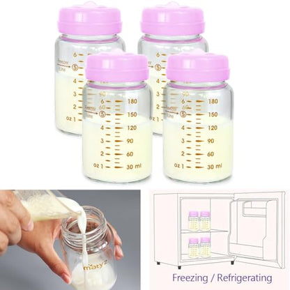 Matyz 4-Pack Breast Milk Collection Bottles (Pink, 6 Oz Each) - No BPA Glass Milk Storage Bottles with Lids - Suitable for Philips Avent & Medela Spectra Pumps - color: [Pack of 4] Pink Lid - 6 Ounce Clear Borosilicate GLASS Bottle