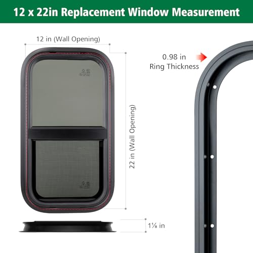 Dulepax Vertical RV Window, 12" W x 22" H Tinted Slide Trailer Window, Tempered Glass Camper Window Replacement with Net Screen and Trim Ring, DOT Approved - size: Vertical 12"x22"