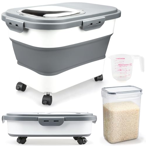 Komzon Rice Storage Containers, Collapsible 20 to 30Lbs Food Storage Bin Dispenser with Rolling Wheel and Clear Airtight Lid, BPA Free Flour, Sugar, Cereal and Dog Cat Pet food Containers - color: White