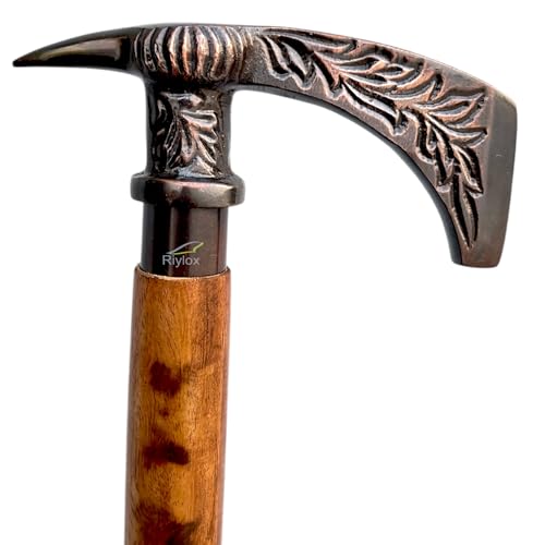 Vintage Walking Cane, Decorative Wooden Staff with Carved Axe Handle, Handmade Collectible Walking Stick Cane for Man and Women Unique Designer Collectable Gift.