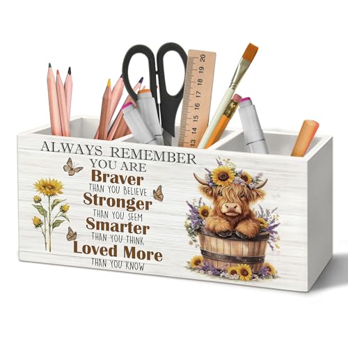 Inspirational Highland Cow Pen Holder Organizer for Desk Accessories, Positive Quote Heifer Wooden Box Sign Desk Decorations for Home Office Decor, Highland Cow Gifts for Women - color: Cow-10, size: 2.5"D x 7.8"W x 3.5"H