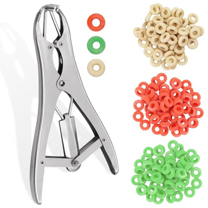 Goat Banding Kit Stainless Livestock Steel Expander Tool with 300pcs Rubber Bands and Expander Plier Balloon Expander Pliers Tool for Lambs Goats Piglets Calves, Humane Livestock Handling