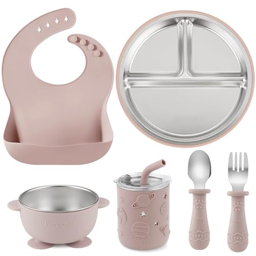 PandaEar 6-in-1 Stainless Steel Baby Feeding Set | Divided Suction Plate, Bowl, Sippy Cup with Straw, Bib, Spoon & Fork | BPA-Free Toddler Feeding Essentials for Self-Feeding (Pink) - color: Pink
