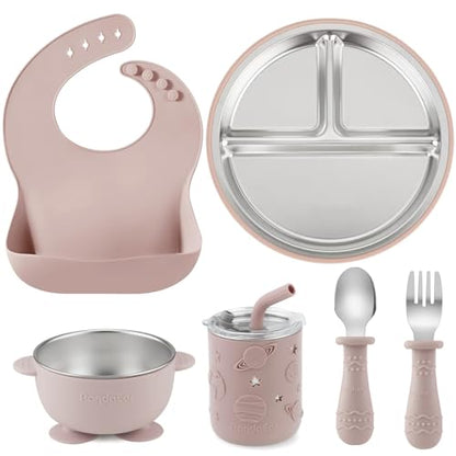 PandaEar 6-in-1 Stainless Steel Baby Feeding Set | Divided Suction Plate, Bowl, Sippy Cup with Straw, Bib, Spoon & Fork | BPA-Free Toddler Feeding Essentials for Self-Feeding (Pink) - color: Pink
