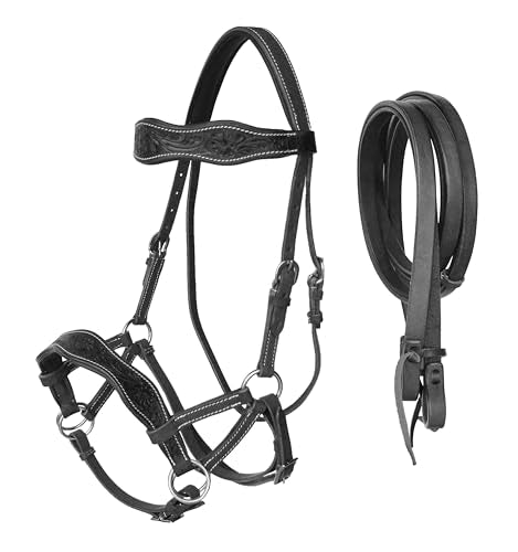 CHALLENGER Leather Floral Bitless Sidepull Bridle Split Reins 77RS28BK