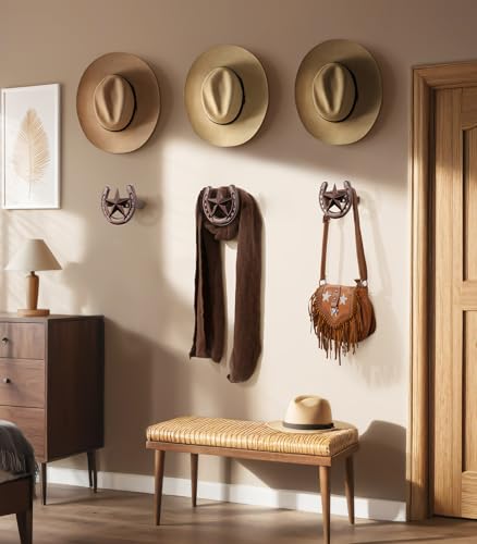 Cowboy Hat Rack for Wall, 6 Pack Iron Horseshoe Star Hooks, Bronze - color: Antique Bronze