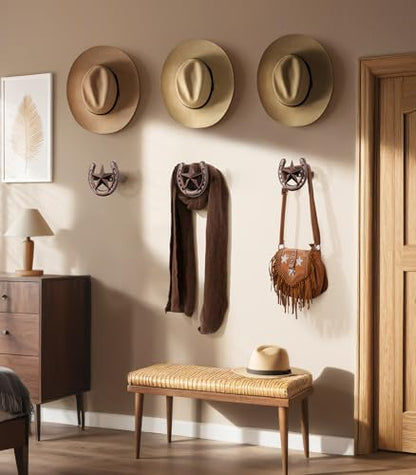 Cowboy Hat Rack for Wall, 6 Pack Iron Horseshoe Star Hooks, Bronze - color: Antique Bronze