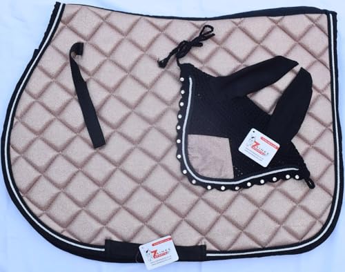Glitter Rose Gold All Purpose English Saddle Pad with Matching Fly Bonnet, Boots – Handmade Jumping Saddle Pad Set