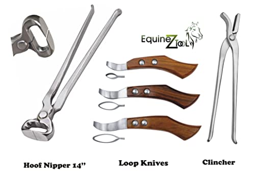 Hoof Nipper 14" with Horse Shoe Nail Clincher & Farrier Loop Knives Hoof Knife Set – Professional Farrier Tools Kit for Horse Hoof Trimming, Cleaning & Care