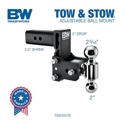 B&W Trailer Hitches Tow & Stow Adjustable Trailer Hitch Ball Mount - Fits 2.5" Receiver, Dual Ball (2" x 2-5/16"), 5" Drop, 18,000 GTW - TS20037B