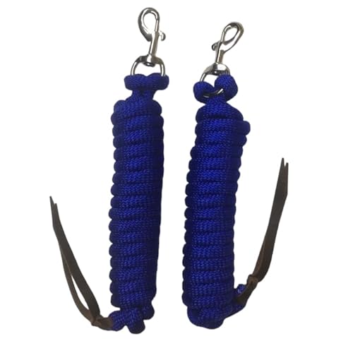Majestic Ally 14' Pack of 2 Poly Training Lead Rope with Leather Popper for Horses & Livestock – 14 Foot Long and 5/8 inch Thick - Replaceable Heavy-Duty Bolt Snap (Royal Blue) - color: Royal Blue