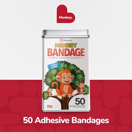BioSwiss Bandages, Monkey Shaped Self Adhesive Bandage Set, Latex Free, Sterile Wound Care, 50 Count - size: 50-Count Tin, style: Monkey