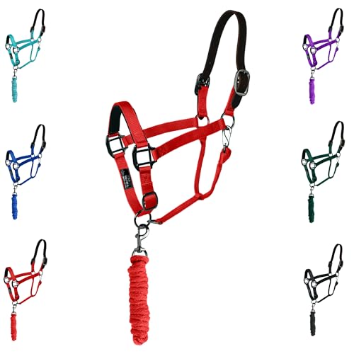 Majestic Ally Leather Halter with Matching Lead Rope for Horses – Leather Breakaway Crown - Adjustable Chin Strap – Rolled Throat Latch – Padded Noseband – Full (Red, Full) - color: Red, size: Full