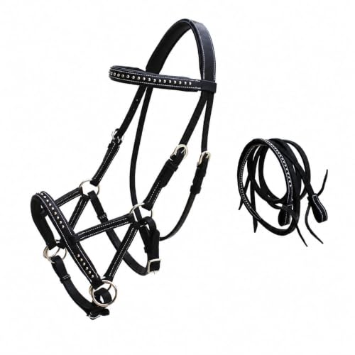 Horse Western Leather Tack Studded Bitless Sidepull Bridle Reins 77RS03 - color: Black