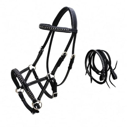 Horse Western Leather Tack Studded Bitless Sidepull Bridle Reins 77RS03 - color: Black