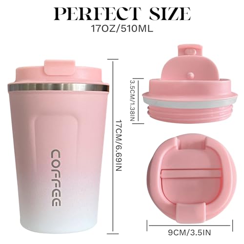 Insulated Travel Coffee Mug, Stainless Steel Coffee Cup with Leakproof Lid - color: 2nd-Pink White, size: 17 Ounces