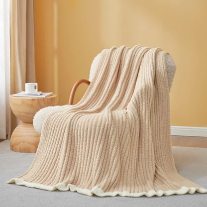 Snuggle Sac Fluffy Ribbed Beige Blanket Twin Size, Soft Luxurious Knit Fuzzy Plush Microfiber Blankets for Sofa, Bed, Beige, 60x80 inches - color: Beige, size: Twin(60"x 80")