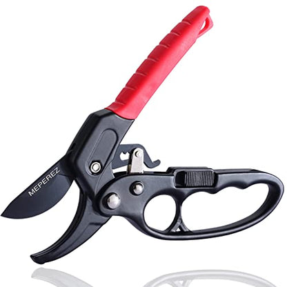Germany Pruning Shears For Gardening, Arthritis Weak Hand Snips, 4x cutting power trimming, 1-Inch Cut Capacity Garden Clippers, Ergonomic handle, Rust resistant, high strength steel, Sharp - style: Reddish balck