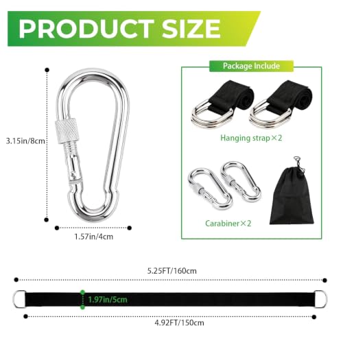 2 PCS Tree Swing Straps Hanging Kit with 2 Carabiners, 160cm / 5.25FT Length Tree Swing Hanging Straps Kit Perfect for Tree Swing Hammocks Punching Bag Gym Bar Chair Seat Outdoor - size: 5.25ft 2PCS