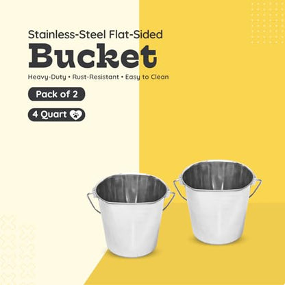 Flat Side Stainless Steel Bucket 4 Quart Hanging Feeding Pail for XL Dogs Cats Goats Sheep, Fits Kennel Cage Compatible, Heavy Duty Food and Water Feeder, 1 Gallon Silver Buckets 2 Pack - size: 4 Quart (Pack of 2)